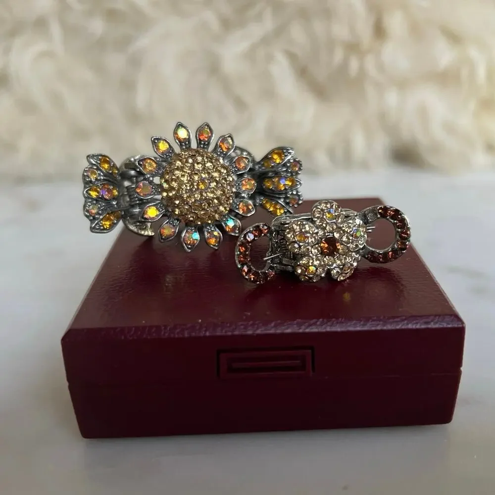 Vintage Sterling Silver and Crystal Flower Hair Claw Clips